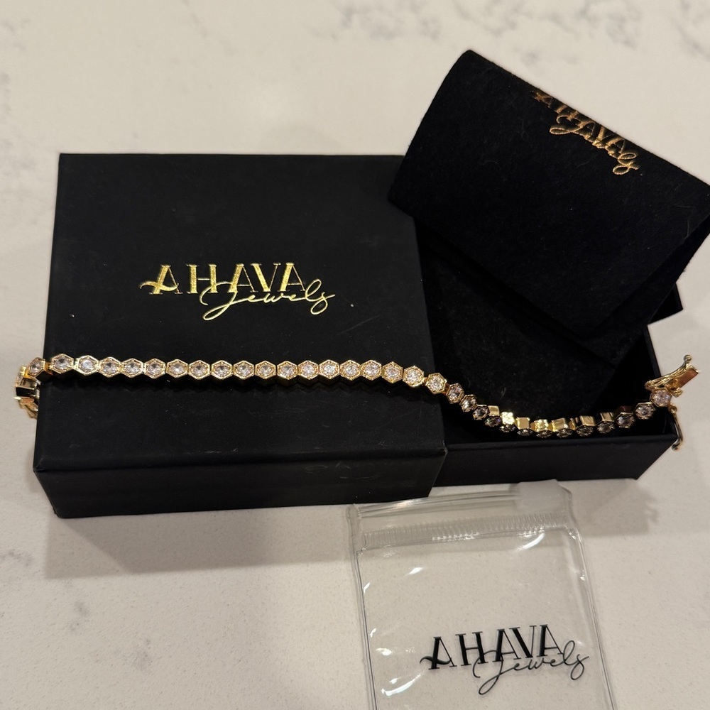 NEW Ahava Jewels Hexagon CZ & Gold Plated Tennis Bracelet